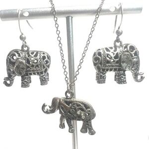 Elephant Jewelry Set Necklace Dangle Earrings Silver Tone Filigree Safari Zoo 3D